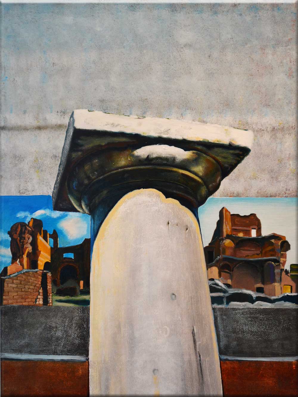 Painting Glanum column confronting latin and greek libraries by Rob Lieveloo